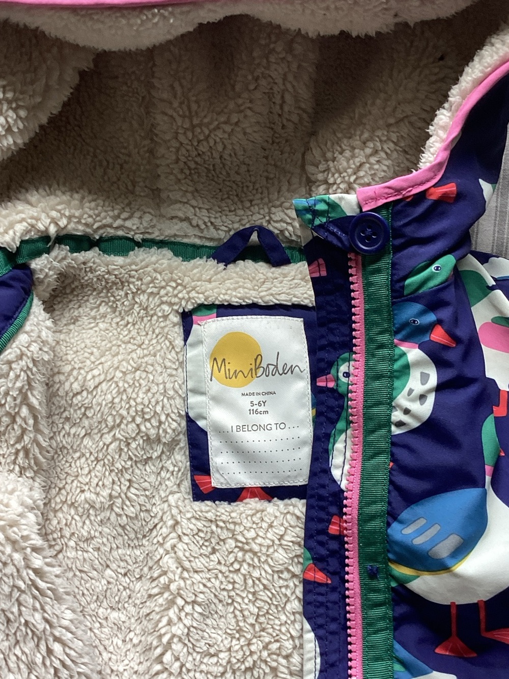Mini Boden Purple Seagull-Print Hooded Raincoat with Sherpa Lining - Picture 3 of 8